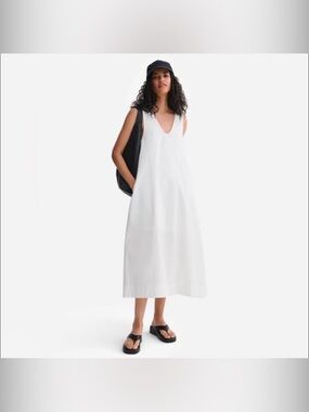 MATE the Label 100% Organic Cotton Poplin Tank Pleated Dress White Sz Large NWT